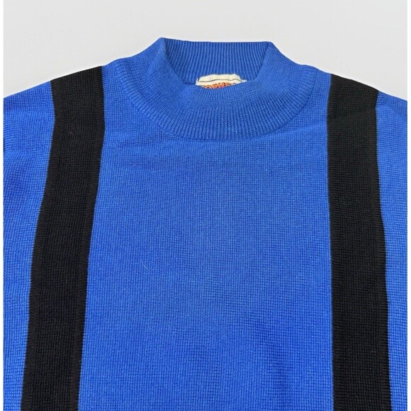 Vintage 80s Topher 100% Wool Sweater Blue Black Stripe Mod Style - Picture 4 of 6